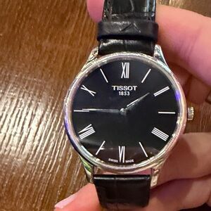 Tissot Black Dial Silver Case Leather Strap Watch